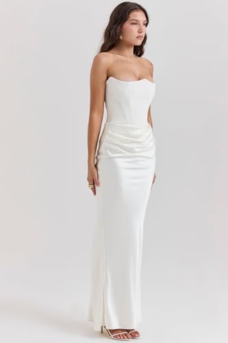 Image of ANKOMINA Women's Strapless Boned Corset Satin Dress Sexy Backless Pleated Stitching Dresses for Wedding Cocktail