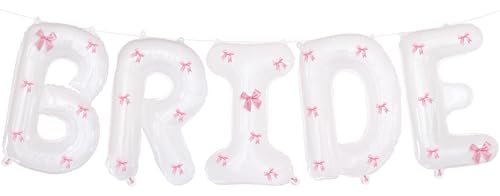 Image of White Bride Balloons 40 inch with Ribbon Bows for Bridal Shower Bride to Be Bachelorette Party Decorations Wedding Engagement Party Decor (Pink)