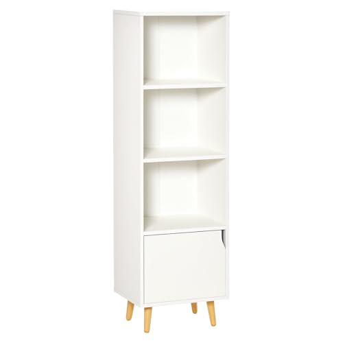 HOMCOM Estantería para Libros con 3 Estantes Abiertos y Cajón Librería Moderno para Almacenamiento Juguetes CDs Plantas 40x30x129,5 cm Blanco