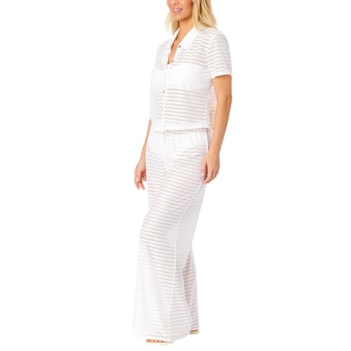Hurley Women's 2 Piece Crochet Swim Cover Up Set, Short Sleeve Top and Pant (White, Large)2
