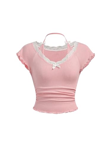 WDIRARA Girls Lace Trim Bow Front Crop Tops Halter Round Neck Short Sleeve Ruched Tee Shirts
