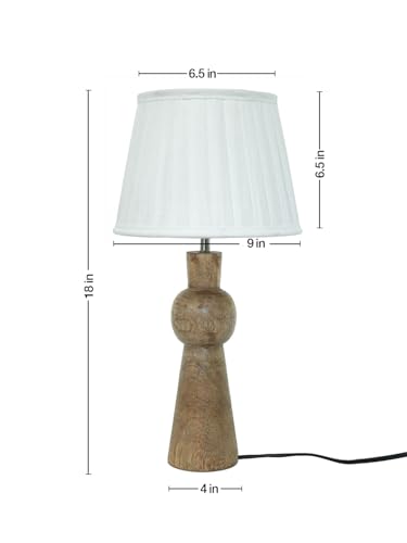 Image of Green Girgit Wooden Skirt Brown Table Lamp with Pleeted White Shade, Bedside Night Lamp with Printed Shade, Modern LED Ambient Lighting, E27 Bulb Compatible, Corded Electric, 6.5X9X18 inches