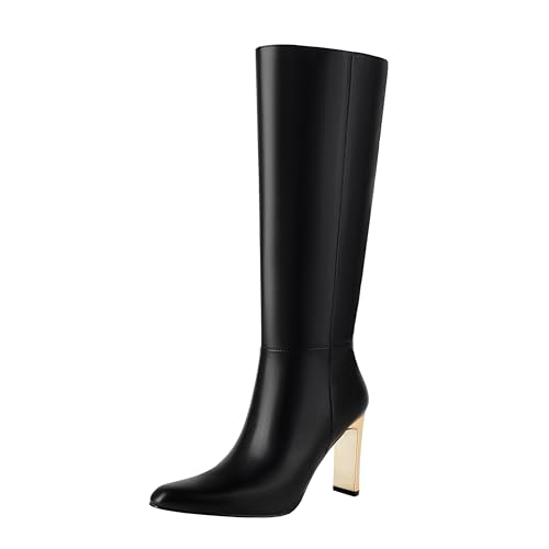 Mofirdast Black Knee High Boots With Pointed Toe Block Heel and Side Zip Heeled Boots,Classic and Sexy