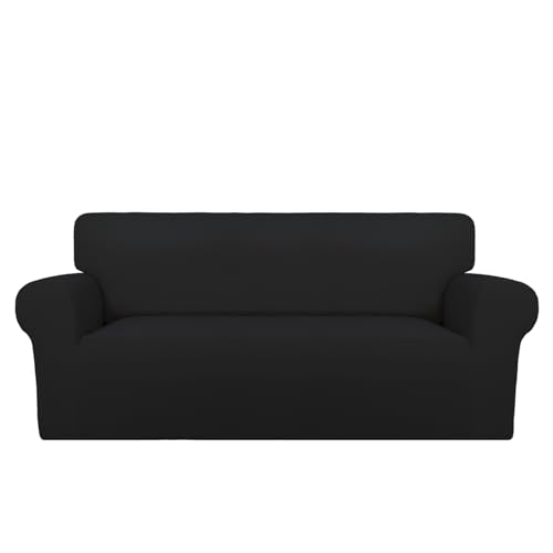 PureFit Super Stretch Sofa Slipcover – Spandex Non Slip Soft Couch Sofa Cover, Washable Furniture Protector with Non Skid Foam and Elastic Bottom for Kids, Pets (Oversized Loveseat, Black)