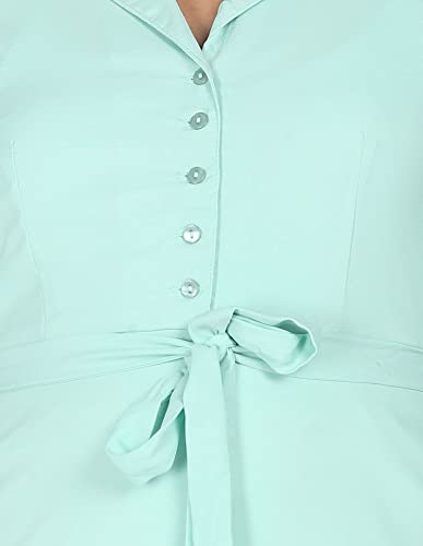 Image of SHFFL Polyester Women Turquoise Notch Lapel Collar Solid Shirt Dress Below The Knee Dresses