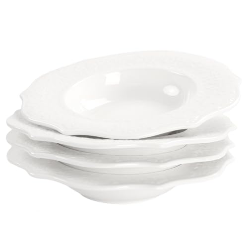 jinsongdafa Soup Bowls, Pasta Bowls Plates, White Salad Bowls Set of 4, Embossed Porcelain Wide Rim Bowls, 8.5 Oz, Microwave & Dishwasher Safe, Best for foodies and restaurants 8.75 Inch Laciness