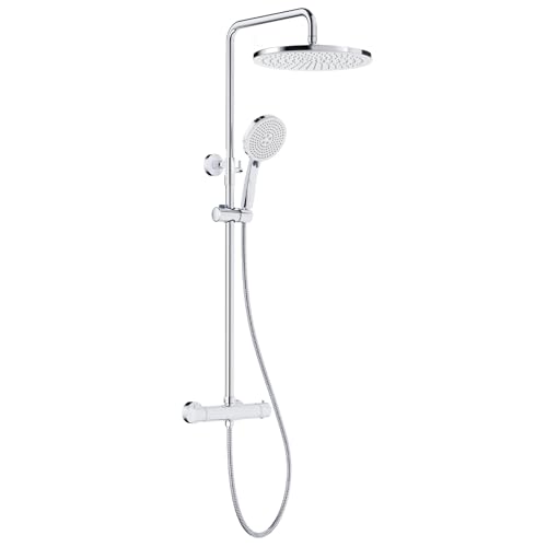 Rainsworth Duschsystem mit Thermostat Chrom, Duscharmatur Komplettset mit 30cm Rund Regendusche Duschkopf, 5 Strahlarten Duschkopf, 92-126 cm Höhenverstellbar, Regendusche mit Armatur, Duschset