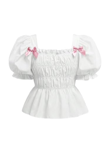 MakeMeChic Girl's Shirred Puff Sleeve Square Neck Bow Knot Flared Tee Shirt Summer Top