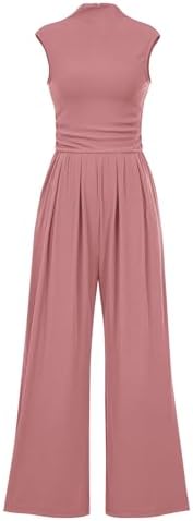 KIRUNDO Womens Jumpsuit Dressy Casual Summer Outfits One Piece Cap Sleeve Mock Neck Wide Leg Pants Rompers with Pockets
