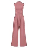 KIRUNDO Women Jumpsuit Dressy Turtle Neck Cap Sleeve Wide Leg Rompers 2025 Trendy Summer Jumpsuits With Pockets Casual Outfits(Pink, XX-Large)