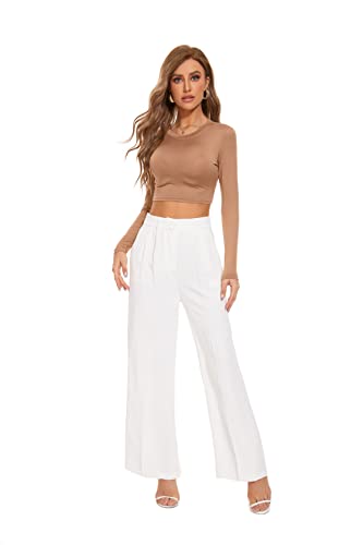 Funyyzo Women's Wide Leg Pants High Elastic Waisted In The Back Business Work Trousers Long Straight Suit Pants For Summer (Large, White) #TOP1