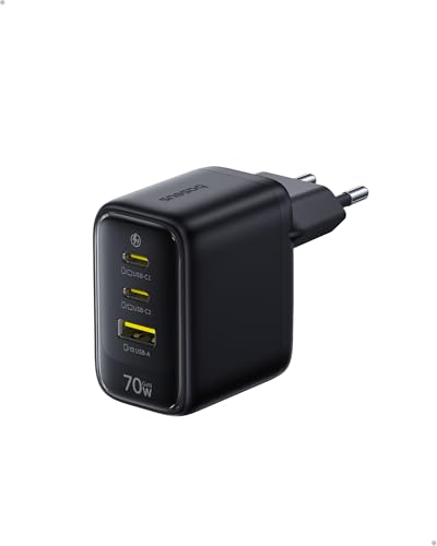 Baseus Enerfill Caricatore USB C 70W, Caricatore Rapido GaN6 a 3 Porte, Alimentatore Compatto per MacBook Air, iPhone 17/16/15 Pro Max, iPad Pro, Galaxy S25/S24, Pixel, Laptop e altro