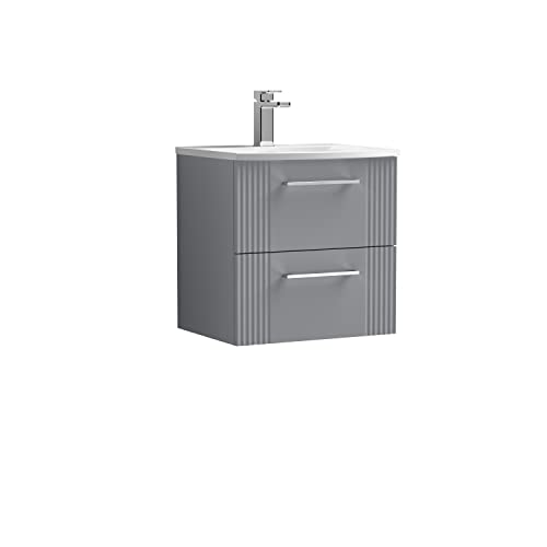 Image of nuie Modern Bathroom Wall Hung 2 Drawer Part Fluted Vanity Unit with Curved Ceramic Basin, Satin Grey, 500MM