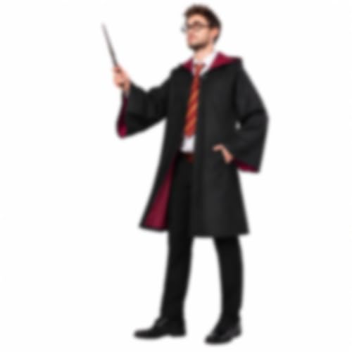 FARYODI Costume de sorcier 5 pièces, cape de magicien pour adulte (XL) | Costume complet de sorcier 5 pièces avec cape rouge, baguette magique, lunettes, écharpe et cravate pour Halloween
