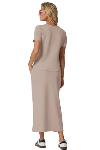 Image of GRECERELLE Women Summer Casual 2 Piece Sets V-Neck Wrinkle-Free Top & Elastic Waist Midi Side Slit Skirt with Pockets