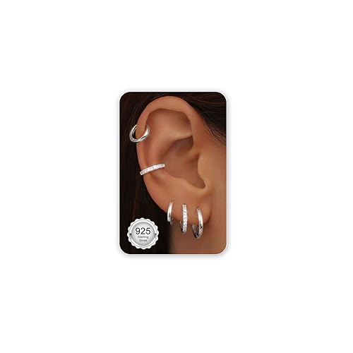 CASSIECA Pendientes Aro de Plata 925 Pendientes Pequeños Mujer Plata Hipoalergenicos para Mujer Hombre Piercing Oreja Nariz Labio Daith Helix 8/10/12mm