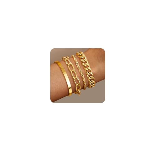 Sanfenly 14K Gold Bracelets for Women Non Tarnish Womens Gold Bracelet Stack Layered Chain Bracelets Waterproof Rope Cuff Bangle Cuban Link Chain Friendship Bracelets Jewelry Gift for Women