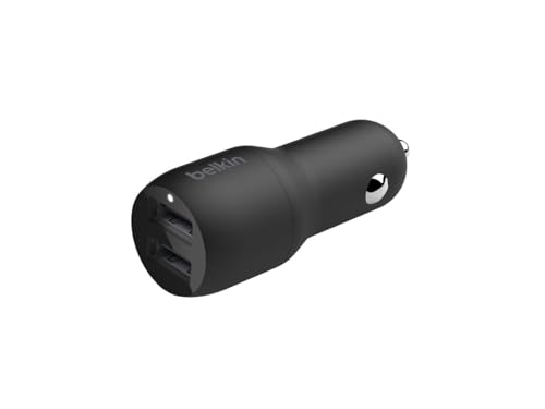 Belkin 24-Watt Dual USB Car Charger - 2 12W USB-A Ports with Lightning Cable - Fast Charging for Apple iPhone, Samsung Galaxy, AirPods, & More - USB-C Charger