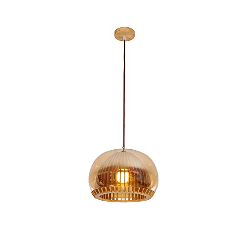 Lampe Suspendue en Verre et Bois Massif E27 Luminaire Nordique 30 cm
