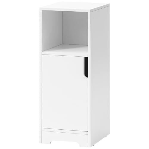 HOOBRO Mesita de Noche Estrecha con Compartimento Abierto y una Puerta, Mesa Auxiliar Pequeña para Sofá, Rincones Pequeños, Dormitorio, Sala de Estar, Blanco EWT198BZ01