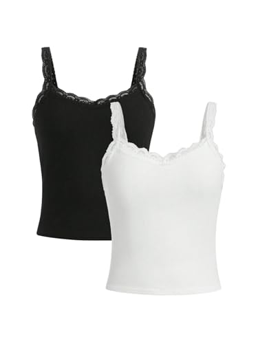 Girl's Lace Tank Tops Ribbed Knit Sleeveless Basic Tank Shirts Cute Camisole Tops