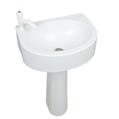 Fregadero de pedestal de plástico pequeño para baño, 17.7 x 13.4 x 30.3 pulgadas de alto, instalación sin taladro, lavabo autoadhesivo con agujero para grifo para lavabo, lavabo, columna, lavabo