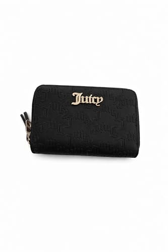 Juicy Couture Pep In Her Step Double Zip Wallet Embossed Logo Organizer Clutch with Card Slots ID Window Wristlet Style 6x4x1.5 Inches (Liquorice)