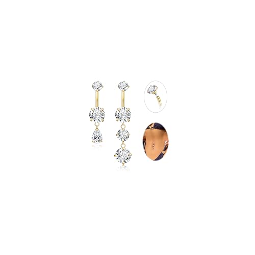 NICEIGHT 2Pcs Surgical Steel Dangle Belly Button Ring for Women Internally Threaded CZ Dangling Navel Ring Hypoallergenic Teardrop Belly Piercing Jewelry 8-16MM Gold 10mm