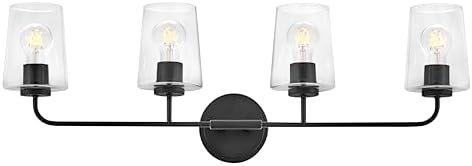 Lark Kline Four-Light Bath Vanity, Tapered Clear Glass Shades, Mount Up or Down, Black Finish