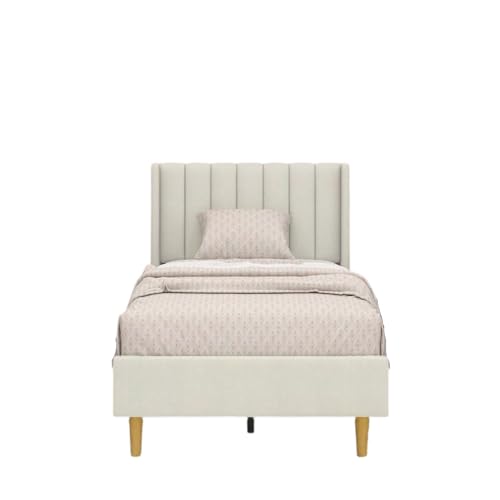 Image of Wooden Upholstered Bed Single Size Without Storage | Wrought Iron Single Size Cot with Headboard | Upholstered Bed for Bedroom | Palang Furniture for, Living Room, White, (White)