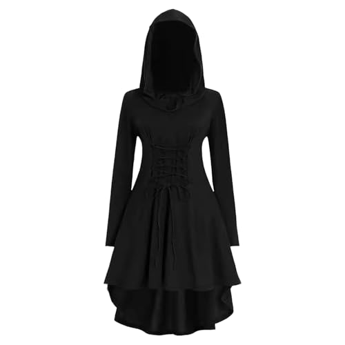 Neu 2025 Gothic Hoodie Damen Schwarz, Mittelalter Kleid Damen mit Kapuze, Renaissance Kleidung Knielang Retro Kleider Vintage Cosplay Kostüm...