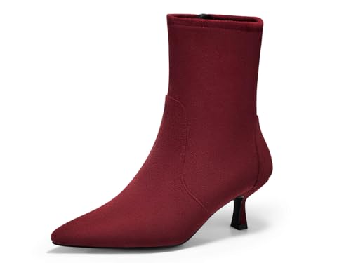 Coutgo Womens Low Kitten Heel Ankle Boots Pointed Toe Booties Side Zipper Fall Shoes, Burgundy, Size 8.5