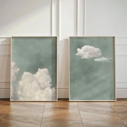 DAMAIART Póster con impresión en lienzo de cielo y nubes blancas, moderno, minimalista, abstracto, fondo verde, pintura en lienzo, arte de pared, decoración del hogar (30 x 45 cm, sin marco)