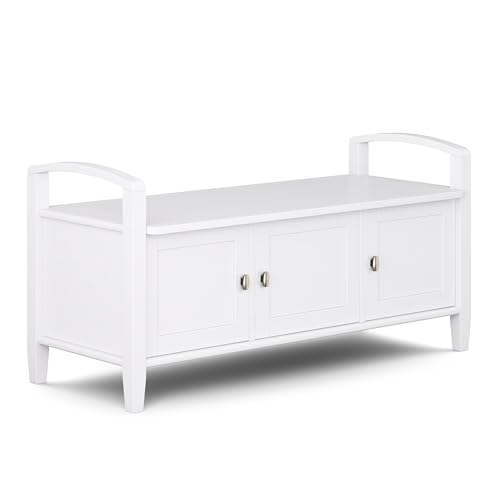 SIMPLIHOME Warm Shaker Entryway Storage Bench - 44 inch Wide Solid Wood Storage Seat in White, Transitional Bench Seat for Mudroom or Living Room with Lift-Up Lid and Shaker-Style Panels