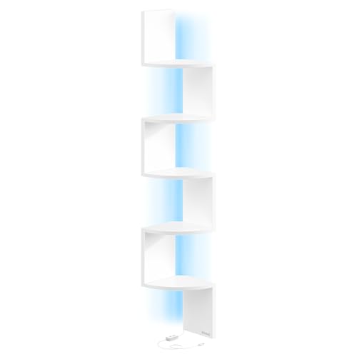 VASAGLE Estantería de Esquina de Pared con Iluminación LED, Librería Esquinera de 5 Niveles, Estante Flotante para Dormitorio, Salón, Baño, con Botón y Control Remoto, Blanco Mate LBC630W01