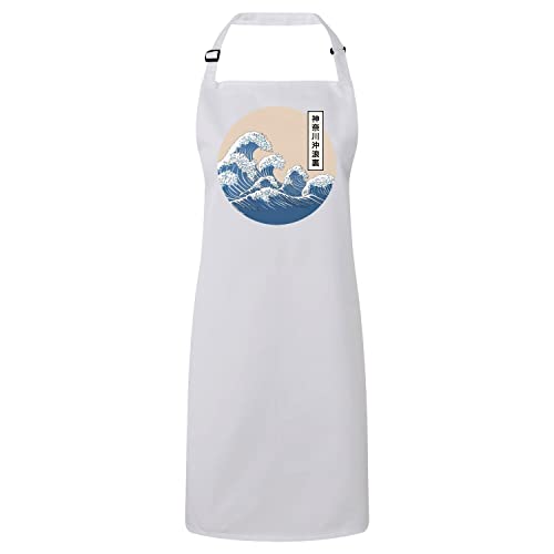 Tablier cuisine premium blanc motif estampe mer Hokusai Japon