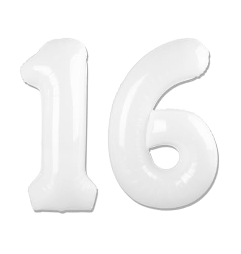 Image of White Number 16 Balloon 40 inch, 16 Number Balloons, 16th White Birthday Decorations 16 Year Old Party Supplies