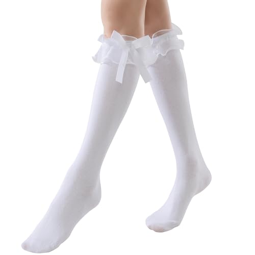 Image of AMHRLINGTO Women's Lace Ruffle Frilly Ankle Socks - Girl Cotton Knee High Socks with Bow Lace Ruffle Trim