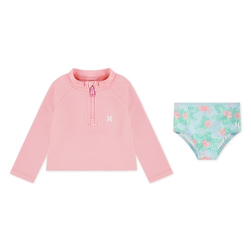 Image of Hurley Baby and Toddler Girls' Long Sleeve Rash Guard Swim Suit 2-Piece Outfit Set