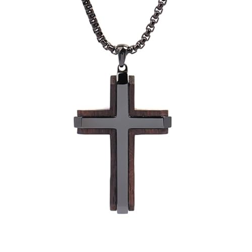 YANROOCR Wooden Cross Necklace for Men, Real Natural Ebony Mens Cross Necklaces Black Stainless Steel Christian Wood Crucifix Pendant, with 24" Round Box Chain