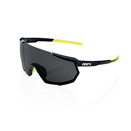 Image of 100% Racetrap 3.0 Sport Performance Sunglasses - Sport and Cycling Eyewear (Gloss Black - Smoke Lens) | 6-Base Ultra HD Smoke Lens CAT3 17% UV400, TR90 Frame with Ultra-Grip, Scratch and Hydrophobic and Oleo, Case and Spare Lens