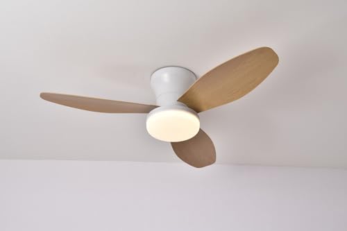 Genérico Hola LED Ventilador de Techo RXFL8001, 880mm, Luz LED Regulable 40W, 3000K-6000K, Color Blanco con Detalles en Madera Clara (Madera clara)