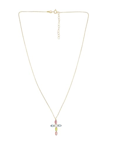 BIZZARRO Dije De Cruz Con Cadena De Plata Dorada 925 Con Zirconias De Colores (27 X 16Mm Aprox) Modelo SIL-268-D