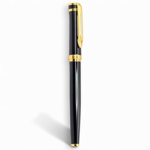 Image of Venti Gold Trim Roller Ball Pen| Black Body Color | Ink Color - Blue | Novel Gifts For Professionals | Premium Pens For Personal & Professional Use (001-Black-Roller, Black)