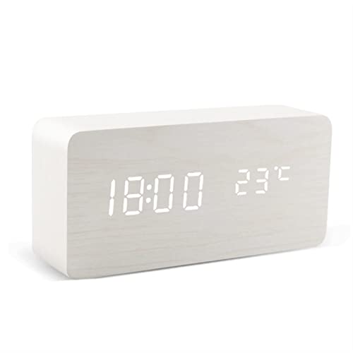 Reloj despertador digital LED de madera XXZ con control de voz y carga USB para mesa