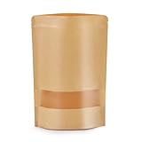 Larzack 100pcs Kraft Bags with Window 3.5x5.5 Inches Brown Reusable Sealable Zip Lock Food Storage Stand up Paper Pouches for Home or Business