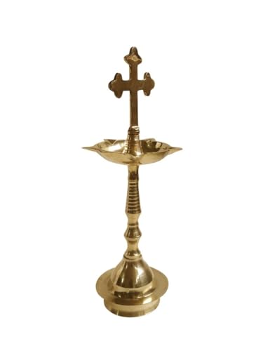 Image of Brass Nilavilakku with Cross Diya Lamp Oil Lamp Brass Kerala Diya Oil Lamp Stand for Home Decoration Items Church Gifts 13 * 5 inches