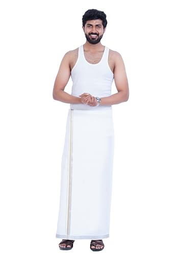 Image of PRAKASAM COTTON Mens Single White Dhoti with Jari Border Single Dhoti (1.28X2.00 mtrs)