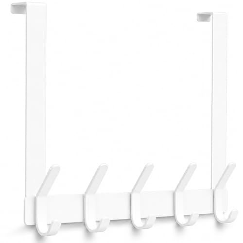 CHAUNCEY HOME Long Over The Door Hooks Hanger with 15.75 Arms for Easier Access by Shorter J16U Perfectly Fits US Standard 1 3/8-inch Doors Towel Rack Bathroom Organizer Holder Rustproof White