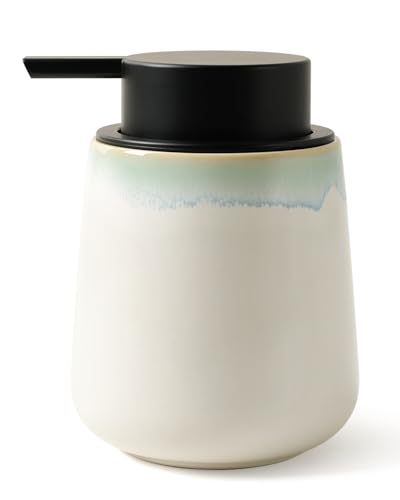 Image of BosilunLife Hand Soap Dispenser - Ceramic Dish Soap Dispenser for Bathroom 12ounce Refillable Liquid Hand Wash Dispenser for Essential Oil, Lotion Soap, White with Blue-Green Rim
